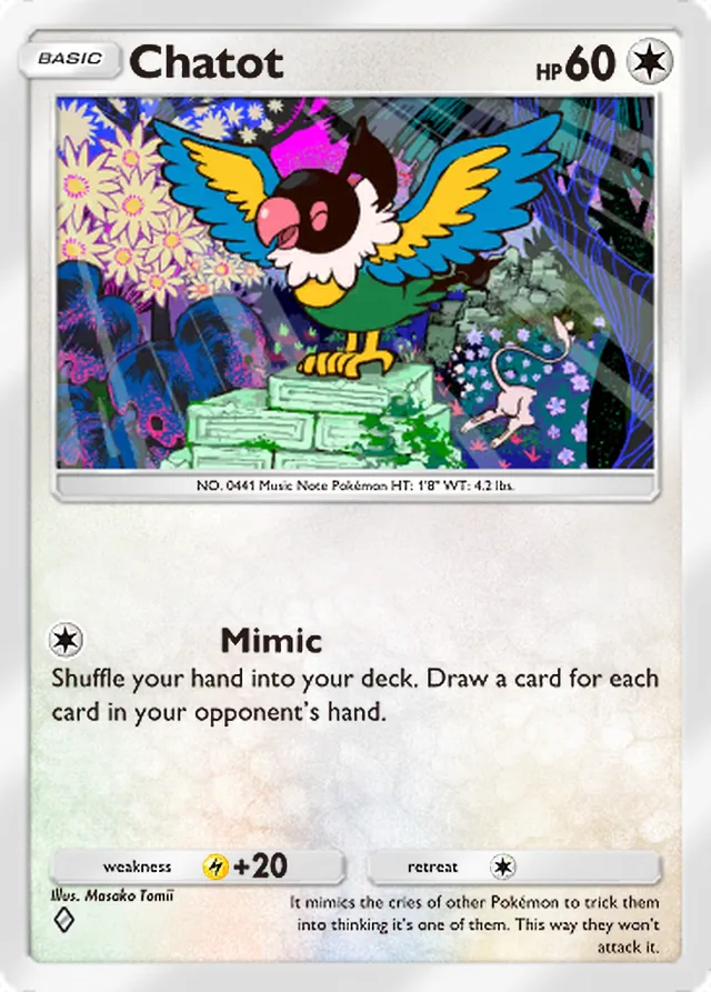 Chatot, Mythical Island #062, Basic Colorless Pokémon, illustrated by Masako Tomii