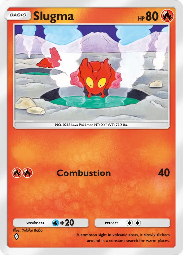 Slugma, Secluded Springs #008, Basic Fire Pokémon, illustrated by Yukiko Baba