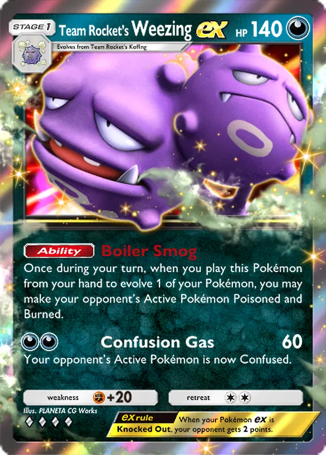 Team Rocket’s Weezing ex, Team Rocket’s Ambition #043, Stage 1 Darkness Pokémon, illustrated by PLANETA CG Works