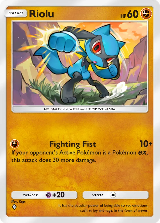 Riolu, Pulsing Aura #079, Basic Fighting Pokémon, illustrated by Krgc