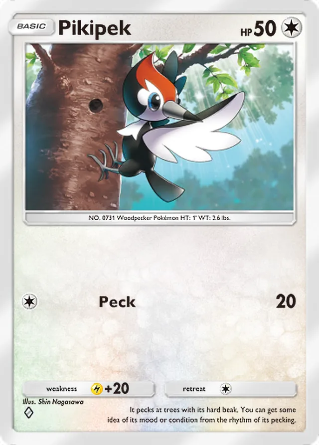 Pikipek, Celestial Guardians #133, Basic Colorless Pokémon, illustrated by Shin Nagasawa
