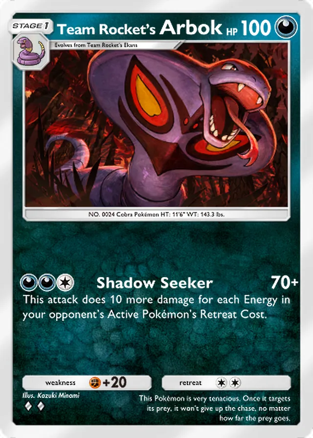 Team Rocket’s Arbok, Team Rocket’s Ambition #039, Stage 1 Darkness Pokémon, illustrated by Kazuki Minami