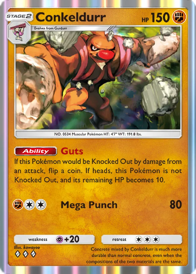 Conkeldurr, Celestial Guardians #096, Stage 2 Fighting Pokémon, illustrated by kawayoo