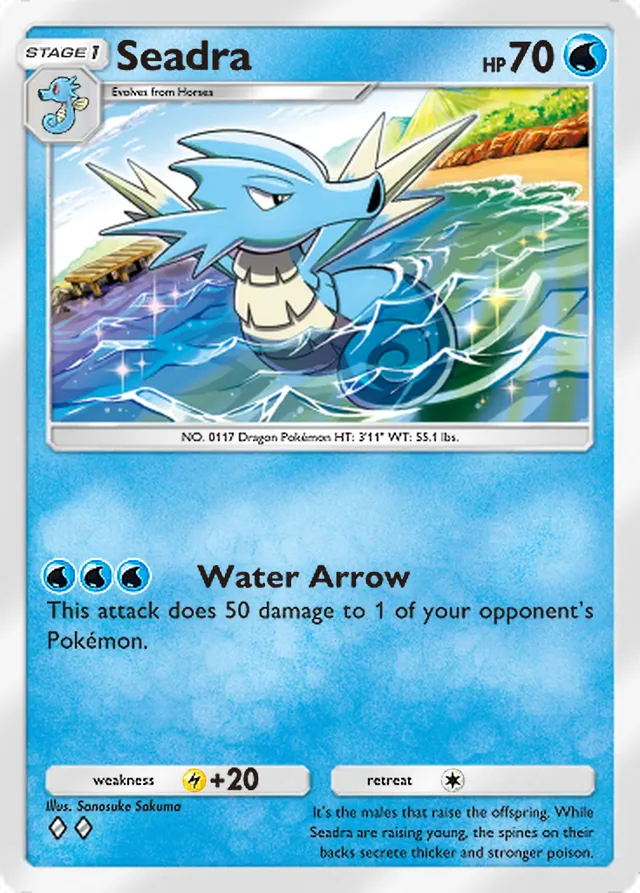 Seadra, Genetic Apex #071, Stage 1 Water Pokémon, illustrated by Sanosuke Sakuma