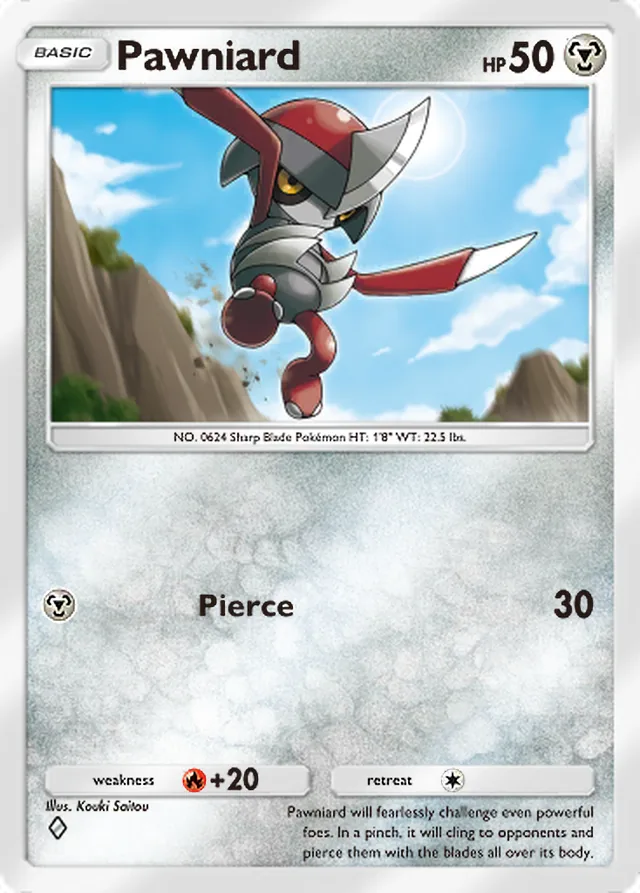 Pawniard, Genetic Apex #179, Basic Metal Pokémon, illustrated by Kouki Saitou