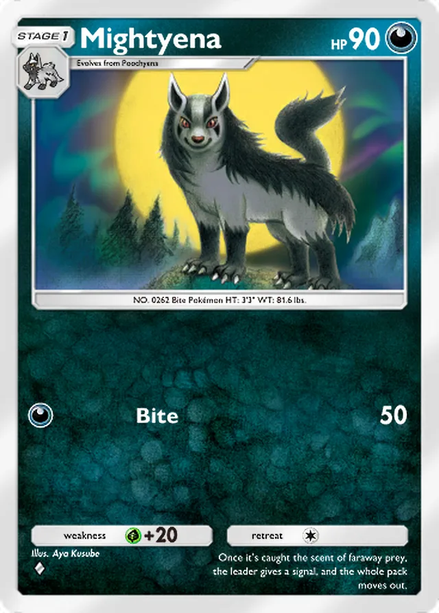 Mightyena, Ruler of the Skies #094, Stage 1 Darkness Pokémon, illustrated by Aya Kusube