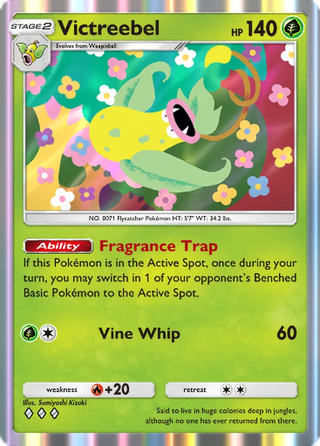 Victreebel, Genetic Apex #020, Stage 2 Grass Pokémon, illustrated by Sumiyoshi Kizuki