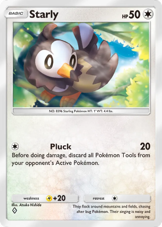 Starly, Space-Time Smackdown #132, Basic Colorless Pokémon, illustrated by Atsuko Nishida