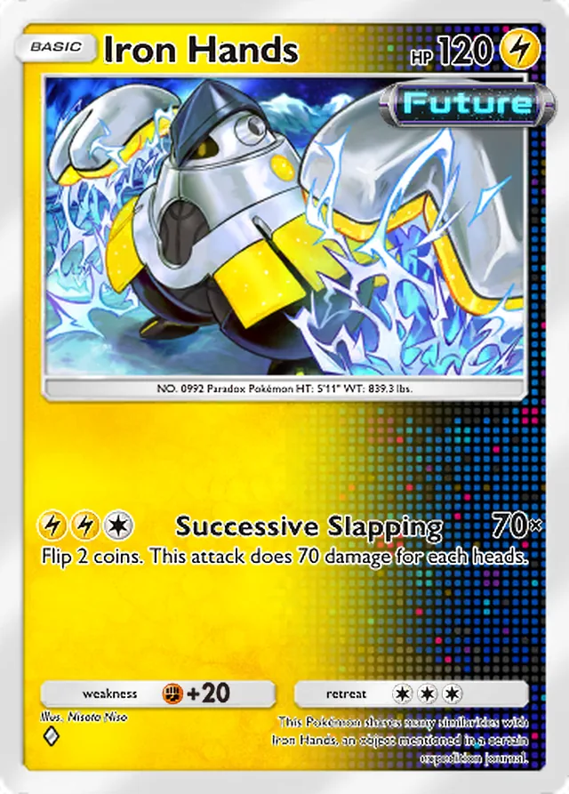 Iron Hands, Paradox Drive #017, Basic Lightning Pokémon, illustrated by Nisota Niso