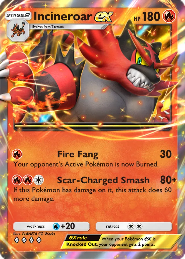 Incineroar ex, Celestial Guardians #033, Stage 2 Fire Pokémon, illustrated by PLANETA CG Works