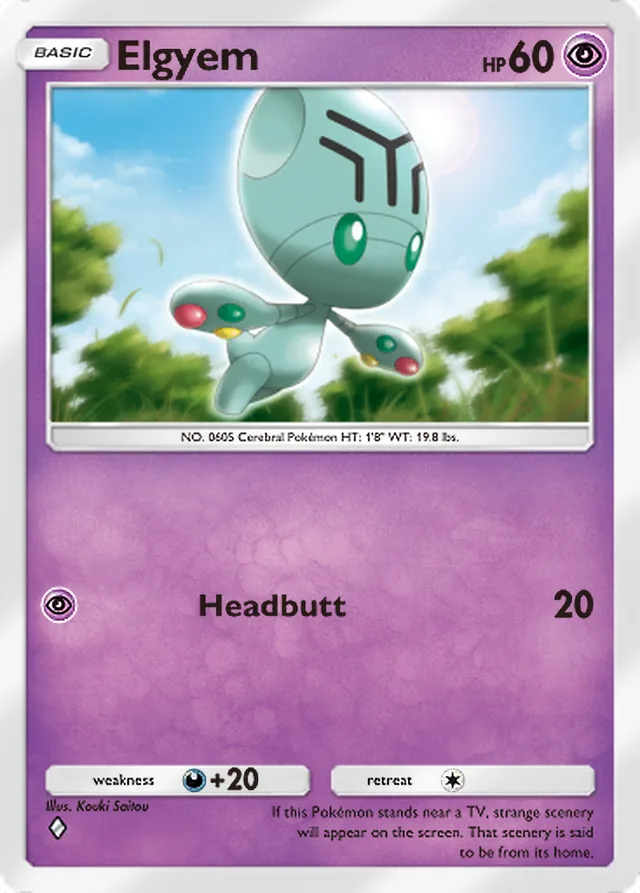 Elgyem, Mythical Island #034, Basic Psychic Pokémon, illustrated by Kouki Saitou