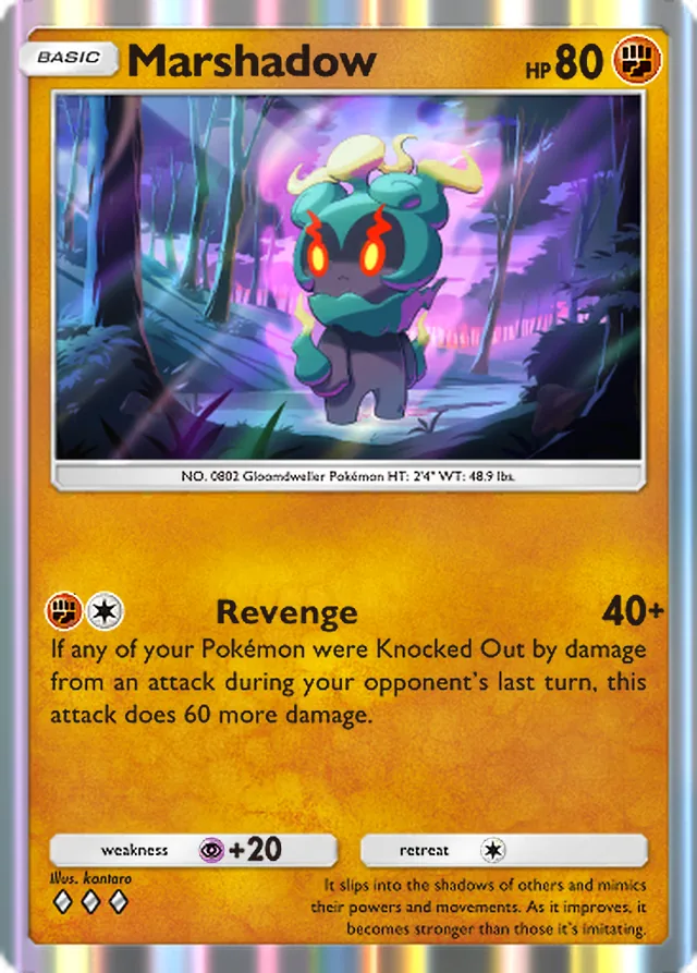 Marshadow, Mythical Island #047, Basic Fighting Pokémon, illustrated by kantaro