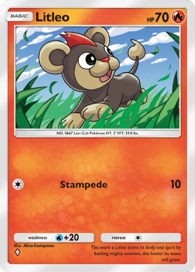Litleo, Fantastical Parade #020, Basic Fire Pokémon, illustrated by Akira Komayama