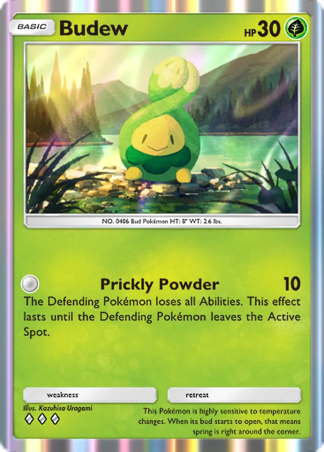 Budew, Pulsing Aura #013, Basic Grass Pokémon, illustrated by Kazuhisa Uragami