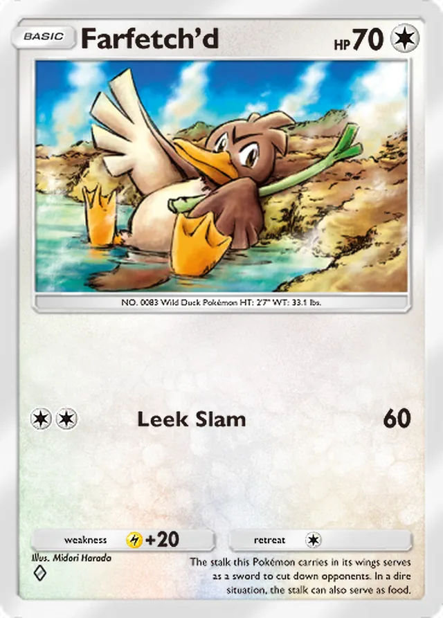 Farfetch’d, Secluded Springs #056, Basic Colorless Pokémon, illustrated by Midori Harada