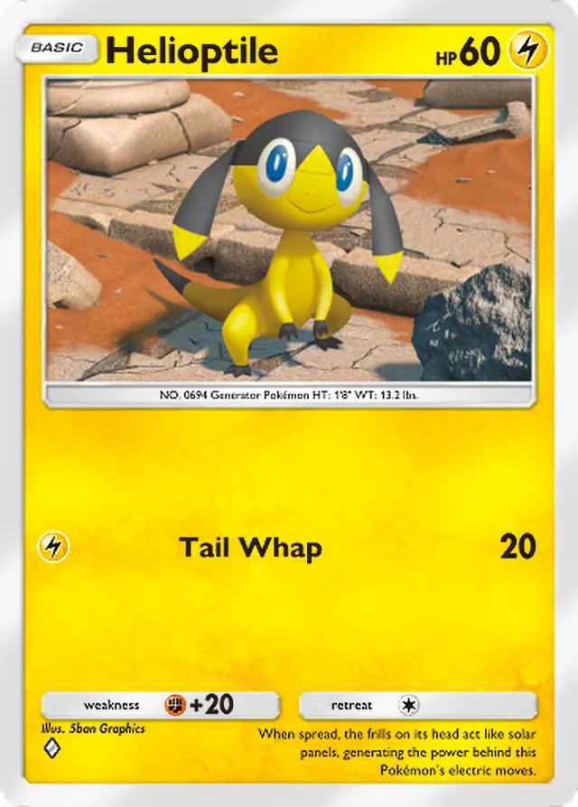 Helioptile, Genetic Apex #110, Basic Lightning Pokémon, illustrated by 5ban Graphics