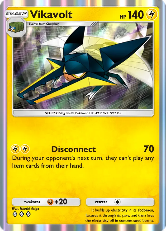 Vikavolt, Celestial Guardians #065, Stage 2 Lightning Pokémon, illustrated by Hitoshi Ariga