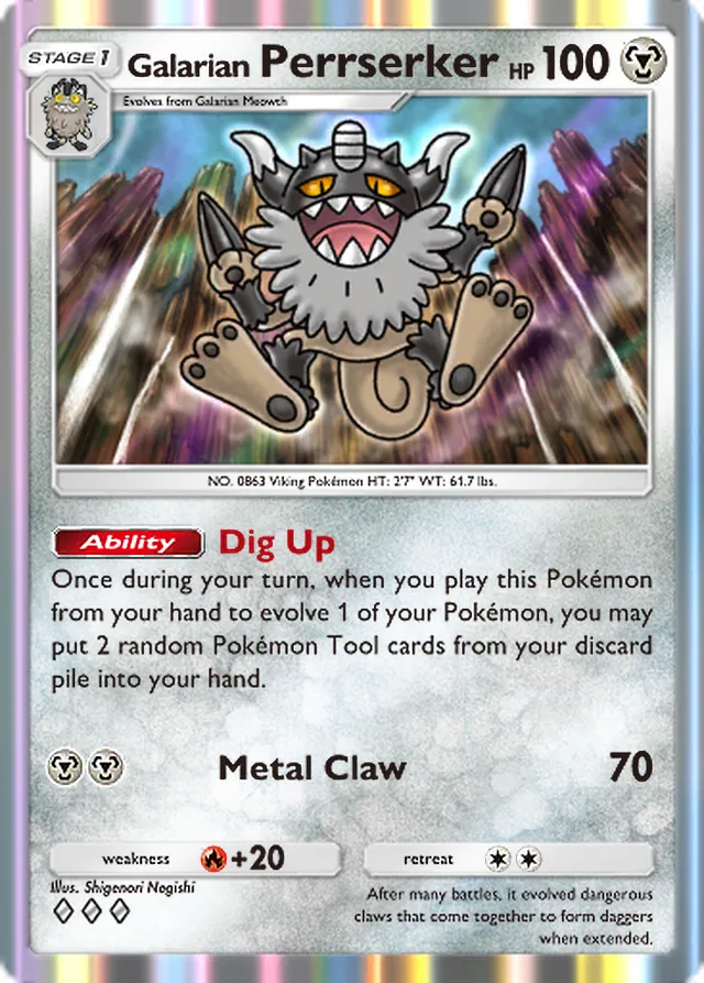 Galarian Perrserker, Fantastical Parade #111, Stage 1 Metal Pokémon, illustrated by Shigenori Negishi