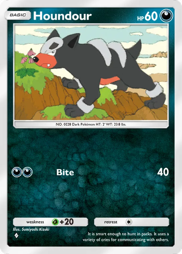 Houndour, Wisdom of Sea and Sky #117, Basic Darkness Pokémon, illustrated by Sumiyoshi Kizuki