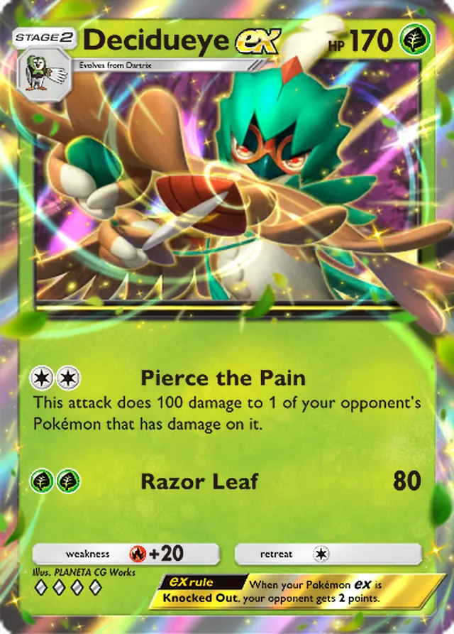 Decidueye ex, Celestial Guardians #012, Stage 2 Grass Pokémon, illustrated by PLANETA CG Works