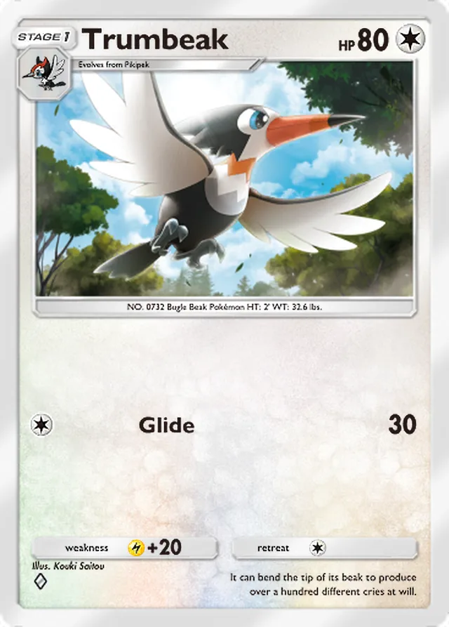 Trumbeak, Celestial Guardians #134, Stage 1 Colorless Pokémon, illustrated by Kouki Saitou