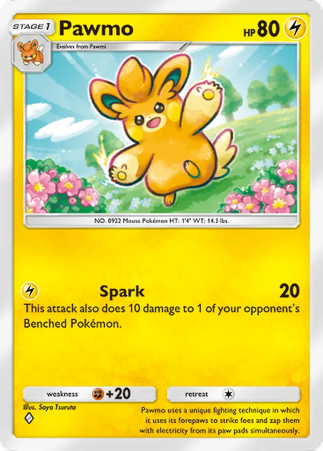 Pawmo, Paradox Drive #015, Stage 1 Lightning Pokémon, illustrated by Saya Tsuruta