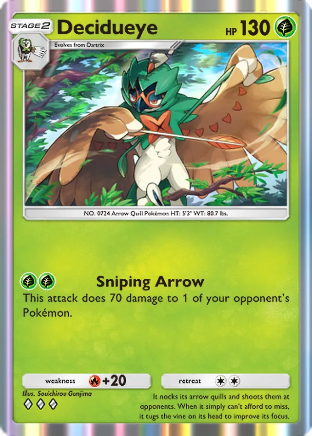 Decidueye, Extradimensional Crisis #005, Stage 2 Grass Pokémon, illustrated by Souichirou Gunjima