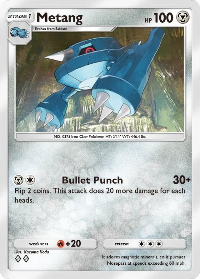 Metang, Ruler of the Skies #107, Stage 1 Metal Pokémon, illustrated by Kazuma Koda