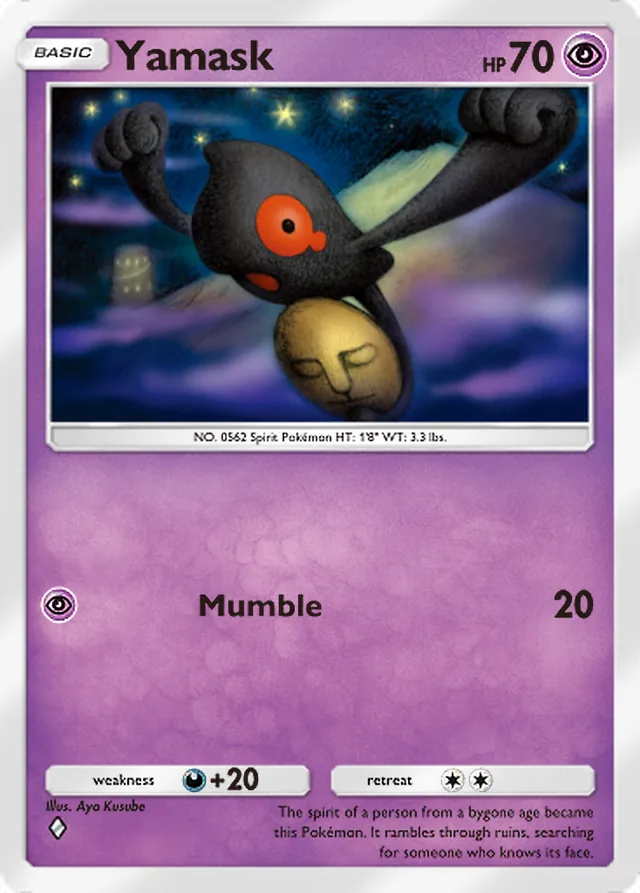 Yamask, Mega Rising #110, Basic Psychic Pokémon, illustrated by Aya Kusube