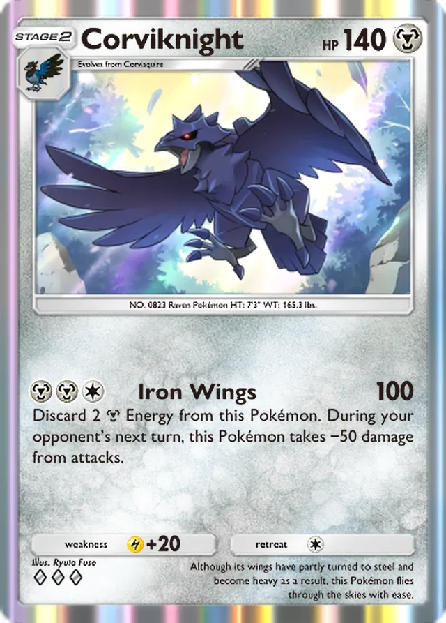 Corviknight, Mega Rising #175, Stage 2 Metal Pokémon, illustrated by Ryuta Fuse
