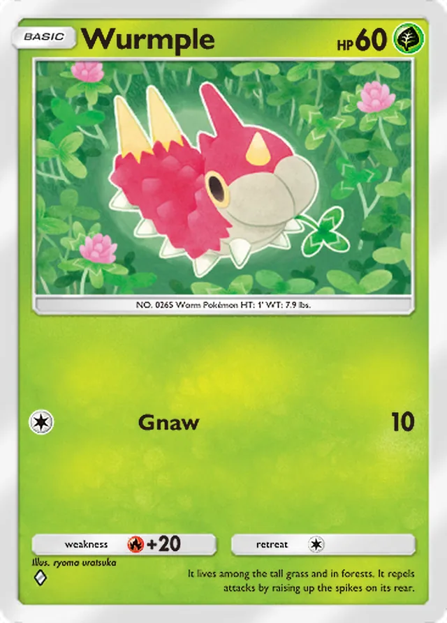 Wurmple, Ruler of the Skies #001, Basic Grass Pokémon, illustrated by ryoma uratsuka