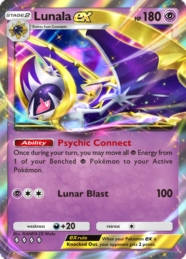 Lunala ex, Celestial Guardians #087, Stage 2 Psychic Pokémon, illustrated by PLANETA CG Works