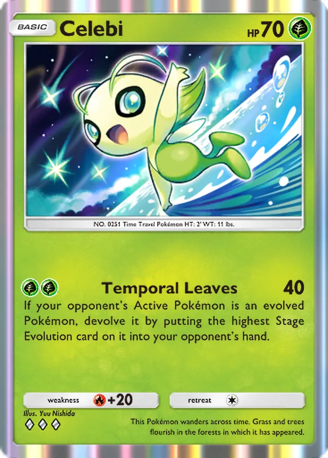 Celebi, Secluded Springs #006, Basic Grass Pokémon, illustrated by Yuu Nishida