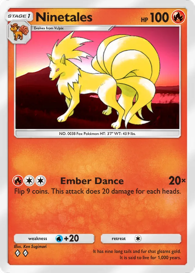 Ninetales, Everyday Wonders #009, Stage 1 Fire Pokémon, illustrated by Ken Sugimori