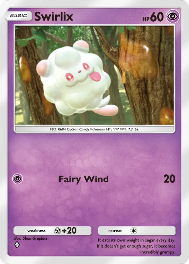 Swirlix, Mythical Island #039, Basic Psychic Pokémon, illustrated by 5ban Graphics