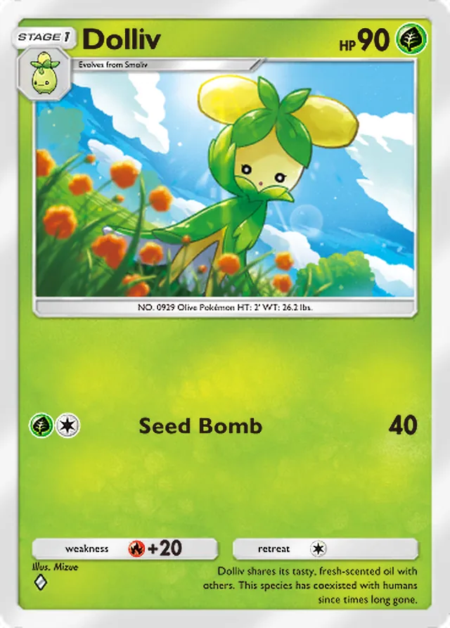 Dolliv, Paldean Wonders #008, Stage 1 Grass Pokémon, illustrated by Mizue