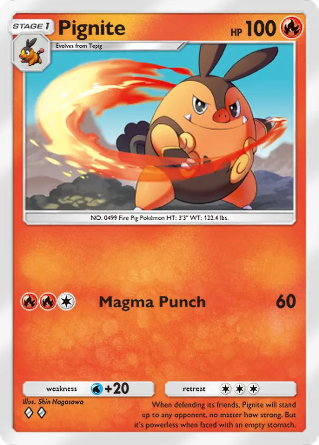 Pignite, Pulsing Aura #027, Stage 1 Fire Pokémon, illustrated by Shin Nagasawa