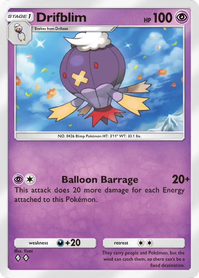 Drifblim, Mega Rising #108, Stage 1 Psychic Pokémon, illustrated by Yumi