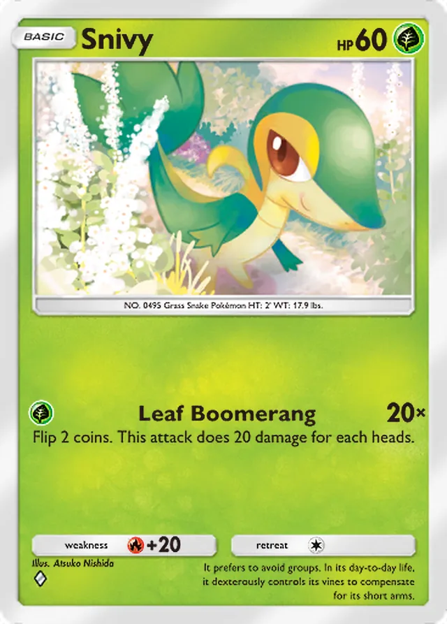 Snivy, Team Rocket’s Ambition #003, Basic Grass Pokémon, illustrated by Atsuko Nishida