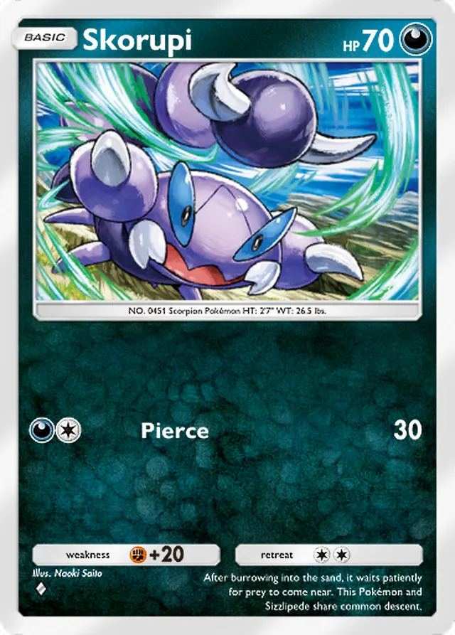 Skorupi, Space-Time Smackdown #105, Basic Darkness Pokémon, illustrated by Naoki Saito