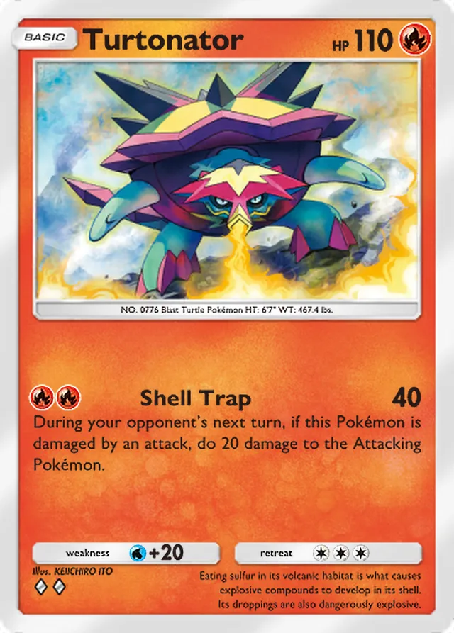 Turtonator, Mega Rising #047, Basic Fire Pokémon, illustrated by KEIICHIRO ITO