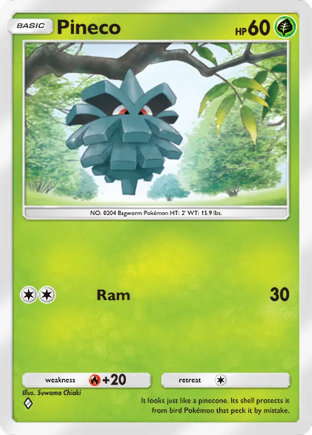 Pineco, Wisdom of Sea and Sky #020, Basic Grass Pokémon, illustrated by Suwama Chiaki