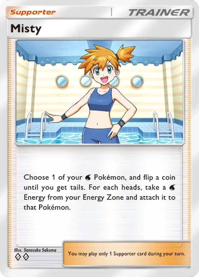 Misty, Genetic Apex #220, Trainer card, illustrated by Sanosuke Sakuma