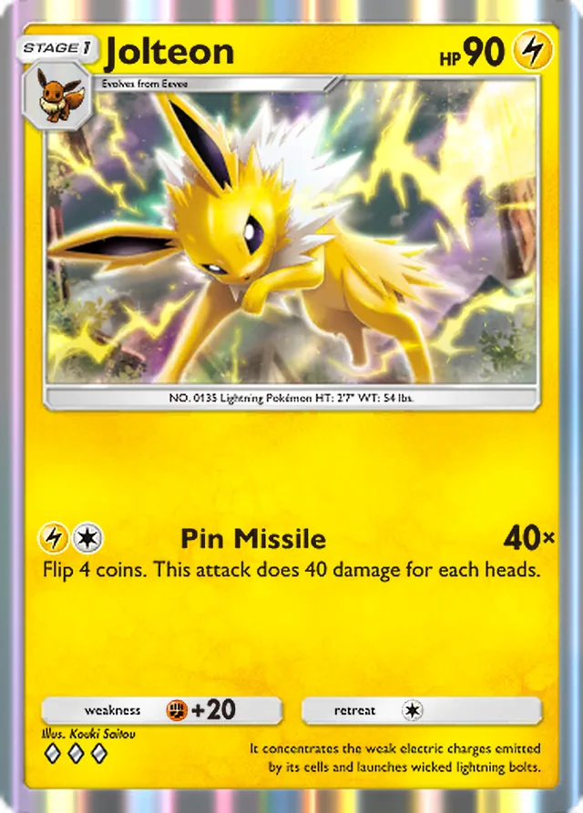Jolteon, Genetic Apex #102, Stage 1 Lightning Pokémon, illustrated by Kouki Saitou