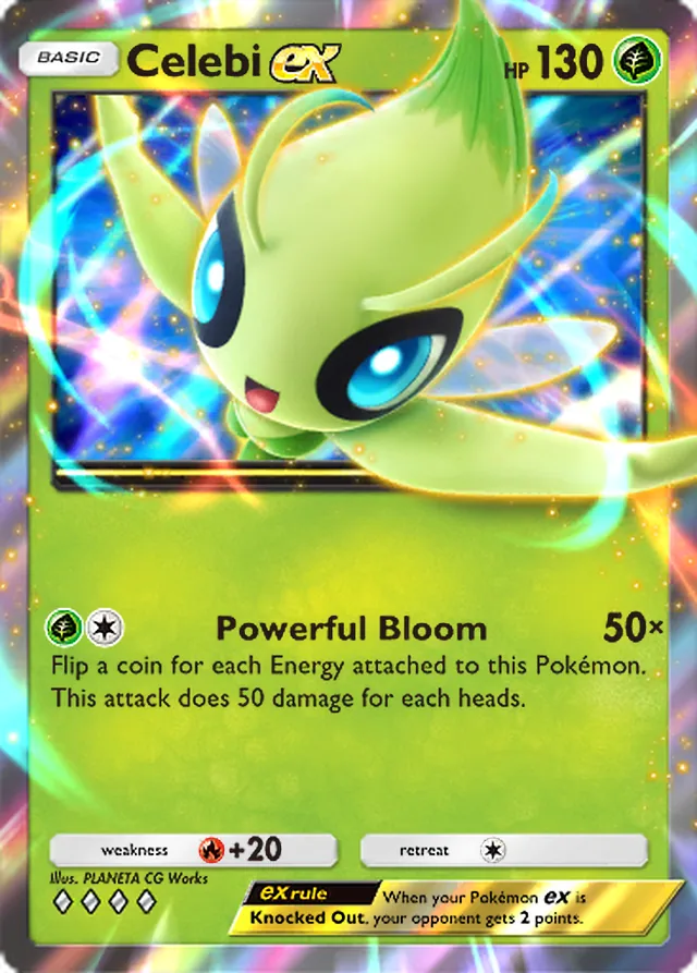 Celebi ex, Mythical Island #003, Basic Grass Pokémon, illustrated by PLANETA CG Works