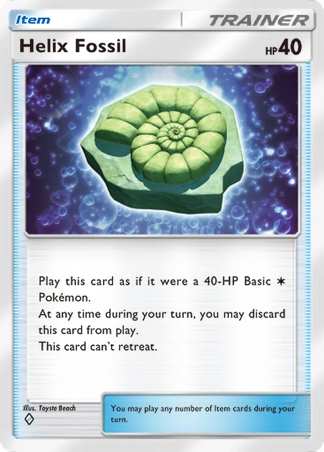 Helix Fossil, Genetic Apex #216, Trainer card, illustrated by Toyste Beach
