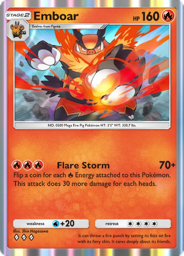 Emboar, Pulsing Aura #028, Stage 2 Fire Pokémon, illustrated by Shin Nagasawa