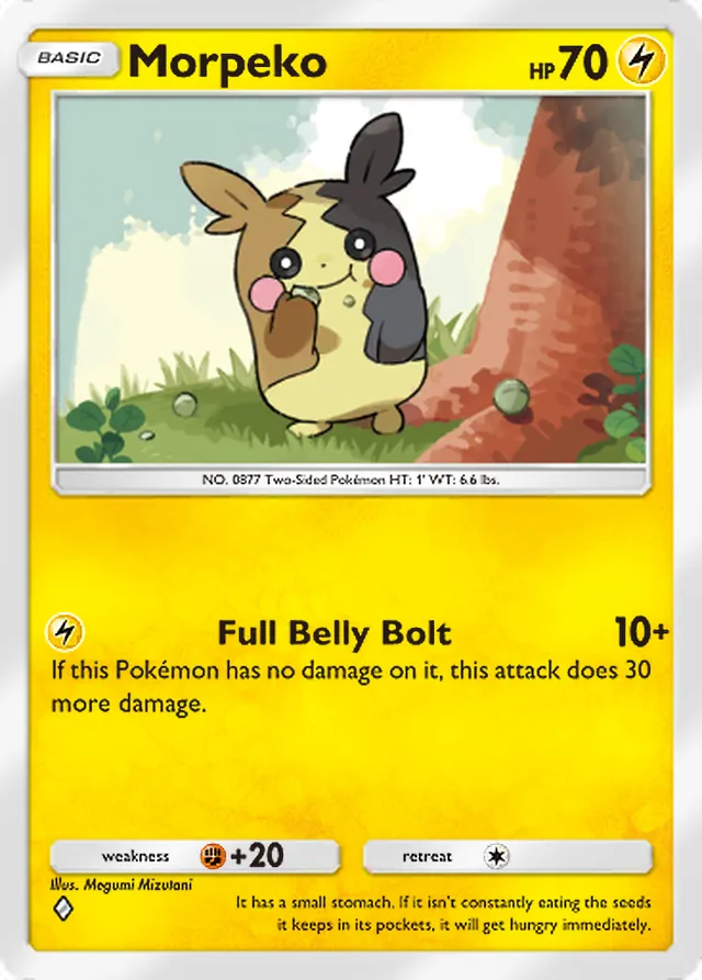 Morpeko, Pulsing Aura #062, Basic Lightning Pokémon, illustrated by Megumi Mizutani