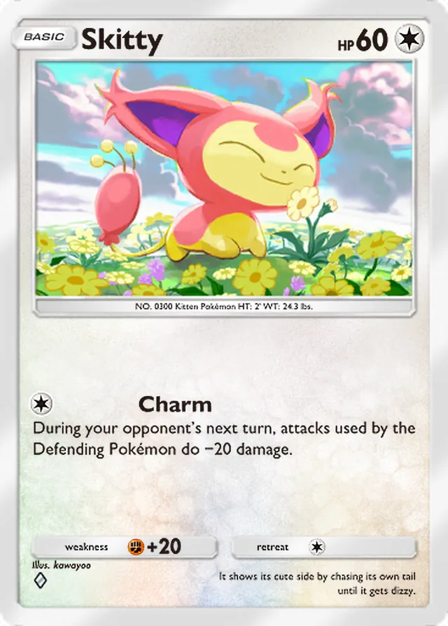 Skitty, Ruler of the Skies #134, Basic Colorless Pokémon, illustrated by kawayoo
