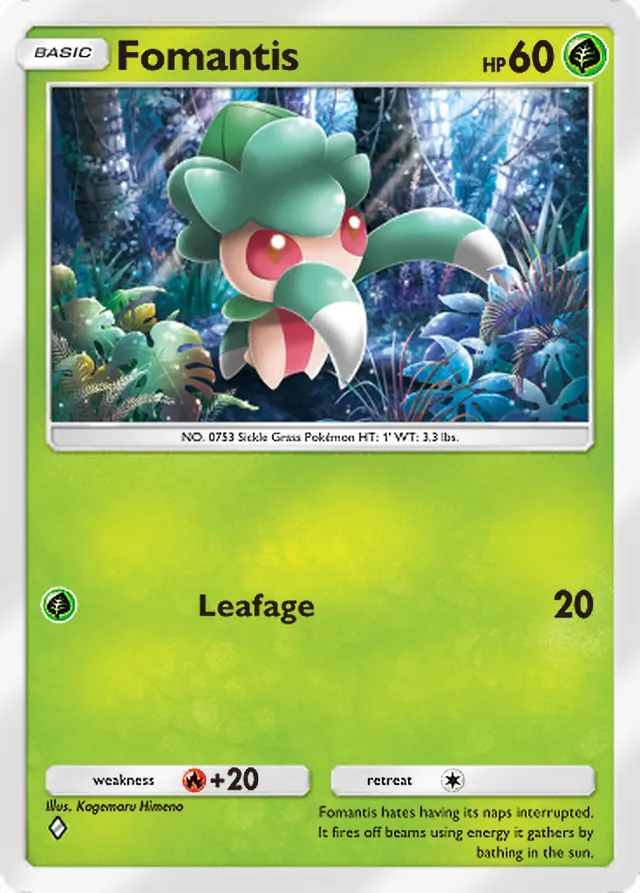 Fomantis, Celestial Guardians #014, Basic Grass Pokémon, illustrated by Kagemaru Himeno